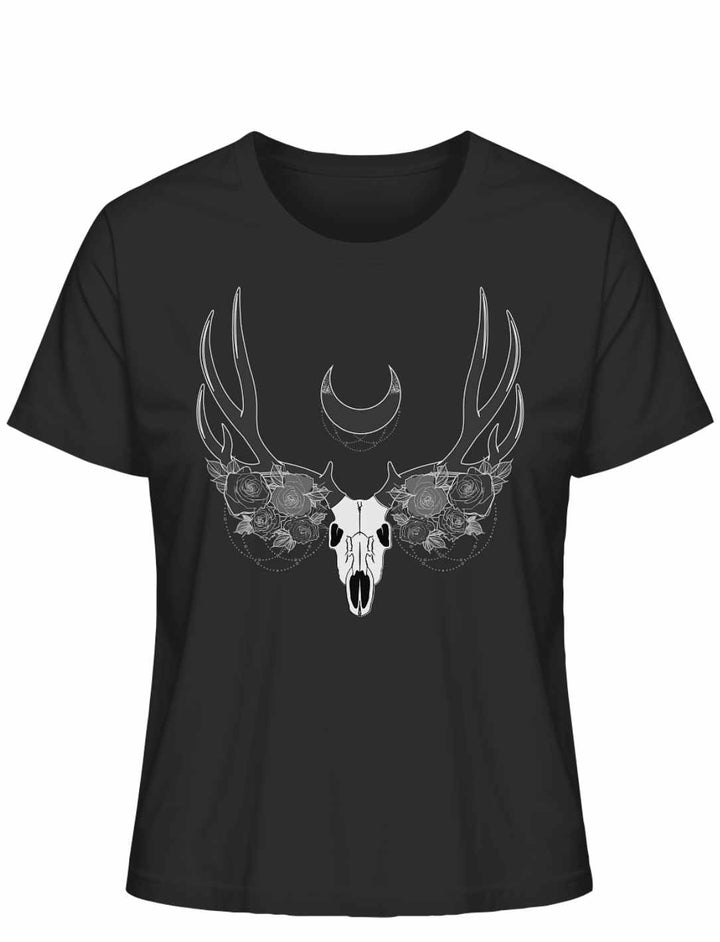 Schwarzes Lunas Mondgeweih Damen-T-Shirt flach ausgelegt auf weißem Hintergrund, mit einem mystischen Schädel- und Geweihdesign unter einer Mondsichel