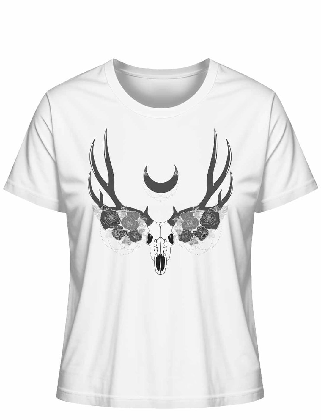 Weißes Lunas Mondgeweih Damen-T-Shirt flach dargestellt auf weißem Hintergrund, mit einem kontrastierenden dunklen Geweih- und Schädelmotiv unter einer Mondsichel.