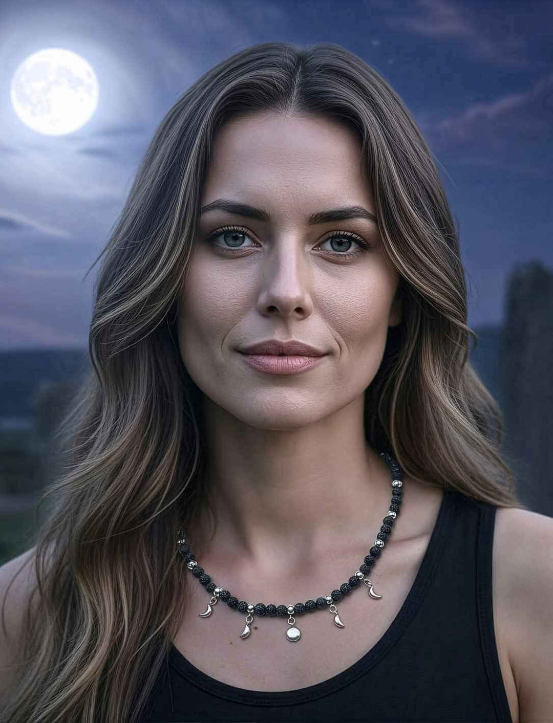 Eine Frau trägt die Lunatic Dreams Mondkette mit Lavasteinen und silbernen Mondsicheln vor nächtlichem Himmel.