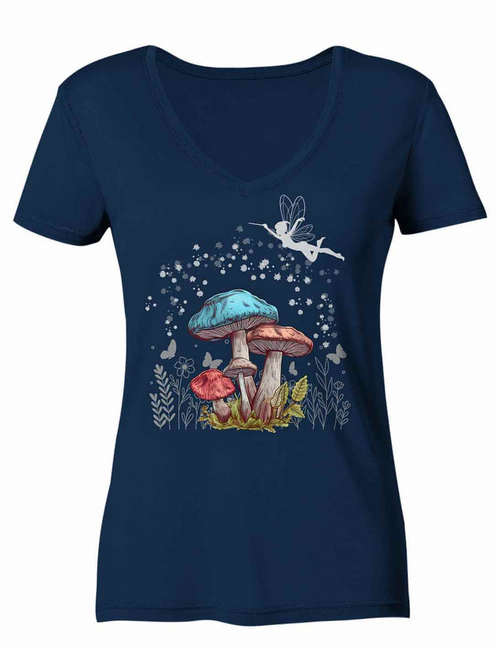Navyfarbenes Damen V-Neck Shirt mit leuchtendem Pilzdesign und fliegender Fee