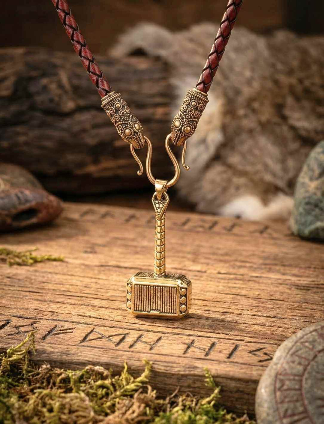 Mjölnir Thorhammer Talisman goldfarben an Kette auf Holz mit Runen im Wikinger Look