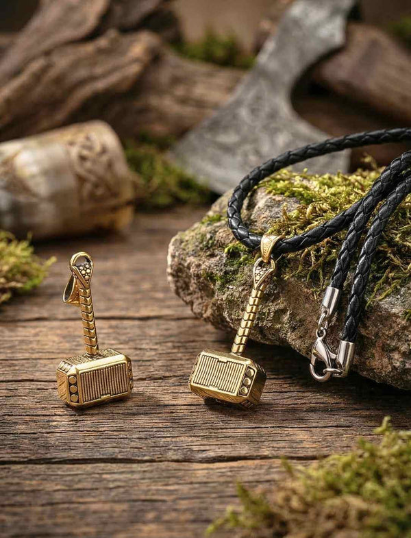 Mjölnir Thorhammer Anhänger goldfarben auf Lederband im Wikinger Setting mit Holz und Axt