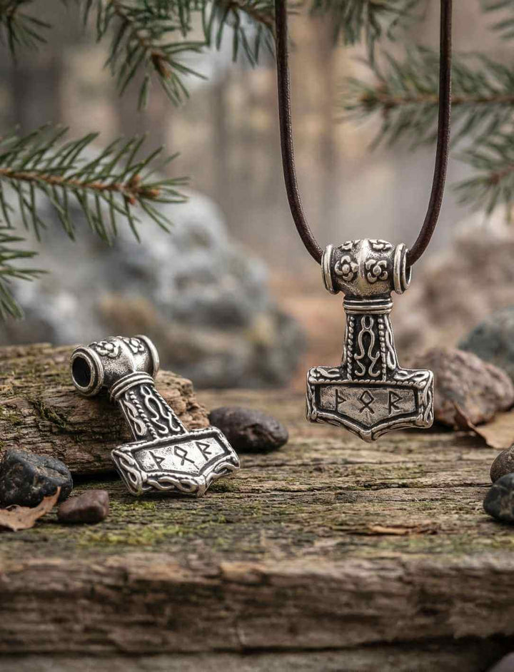 Silberner Thorshammer mit Runen, aufgehängt zwischen Tannenzweigen in natürlicher Umgebung