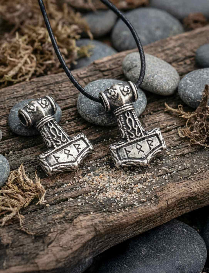 Zwei antik oxidierte Mjölnir Silberanhänger mit Runengravur auf dunklen Flusssteinen