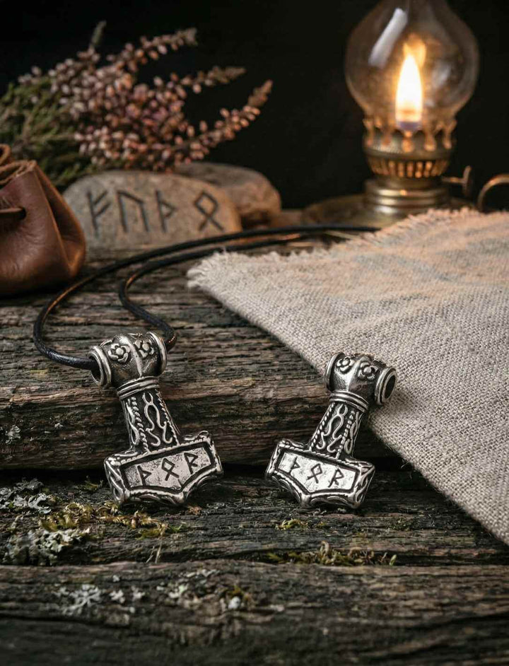 Zwei Mjölnir Anhänger aus 925 Silber mit THOR-Runen vor warmem Licht und Runentafel