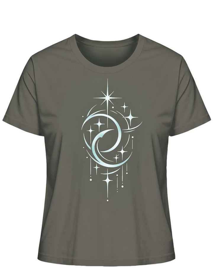 Mond der Balance Damen Bio Baumwollshirt in Khaki mit kosmischem Mond Design