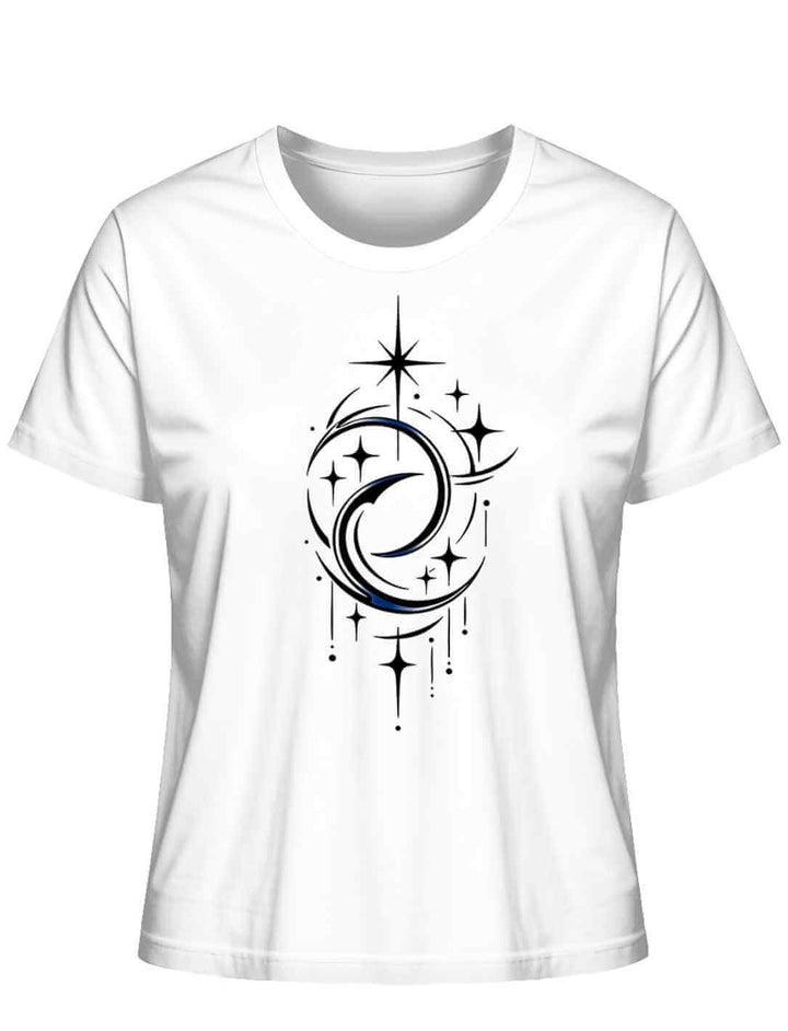 Mond der Balance Damen Bio Baumwollshirt Weiß mit Mond und Sternen Design