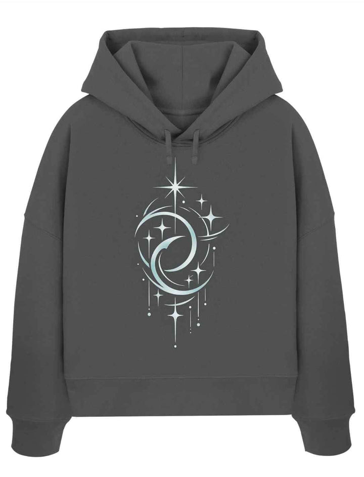 Anthrazit Boxcut Hoodie mit silbernem Doppelmond und Sternenmotiv auf weißem Hintergrund