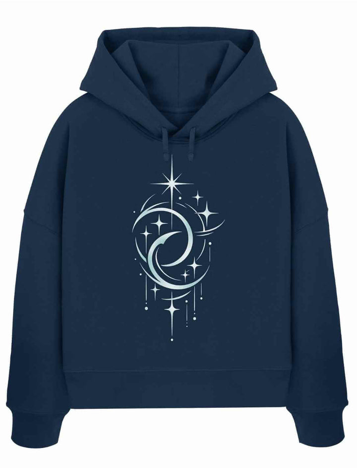 French Navy Boxcut Hoodie mit Doppelmond Sternenmotiv auf weißem Hintergrund