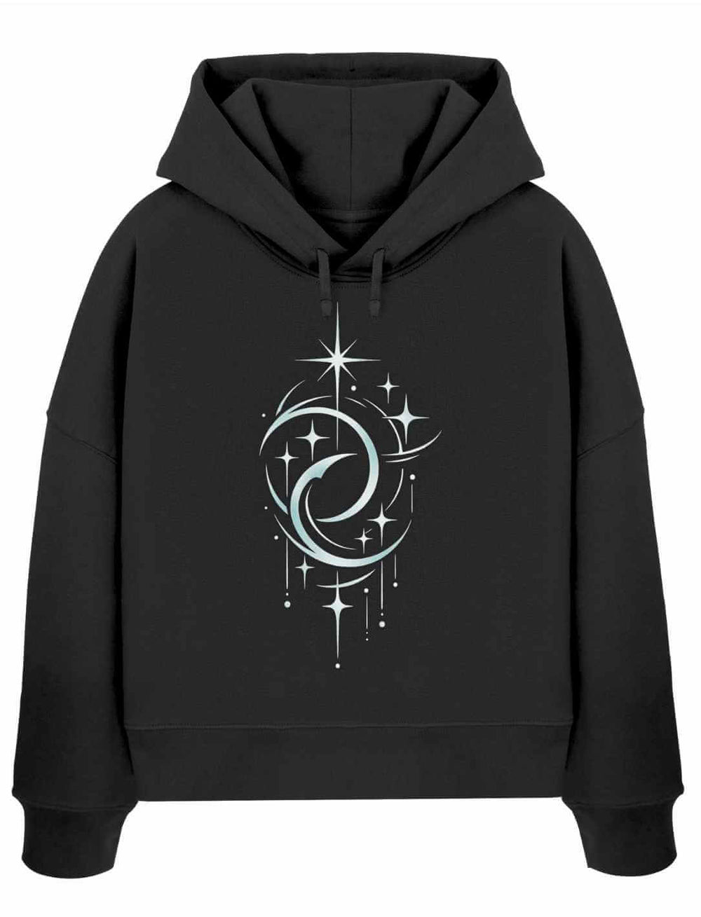 Schwarzer Boxcut Hoodie mit silbernem Doppelmond und Sternenmotiv auf weißem Hintergrund