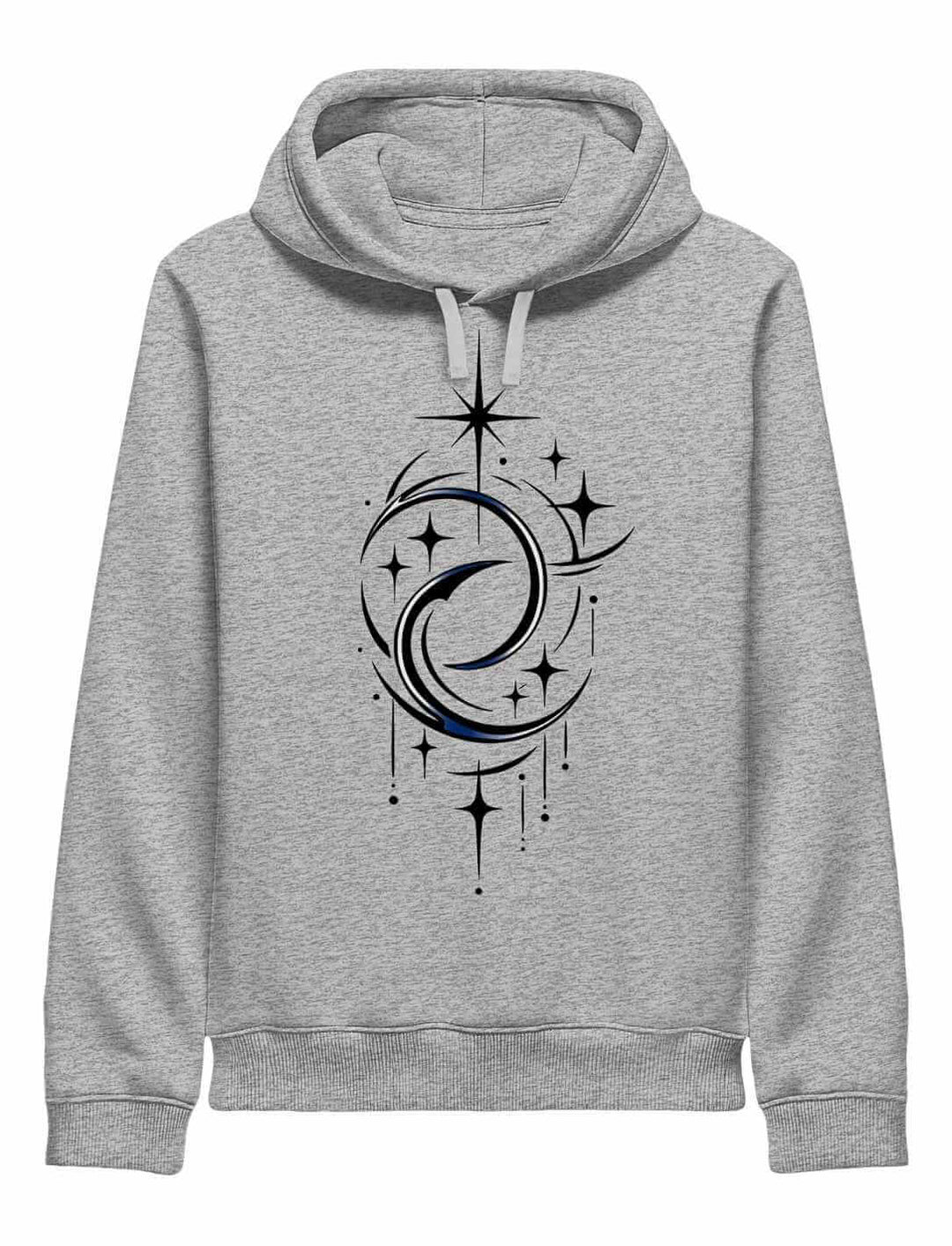 Grau melierter Unisex Hoodie mit Doppelmond Balance Design und Sternenmotiv