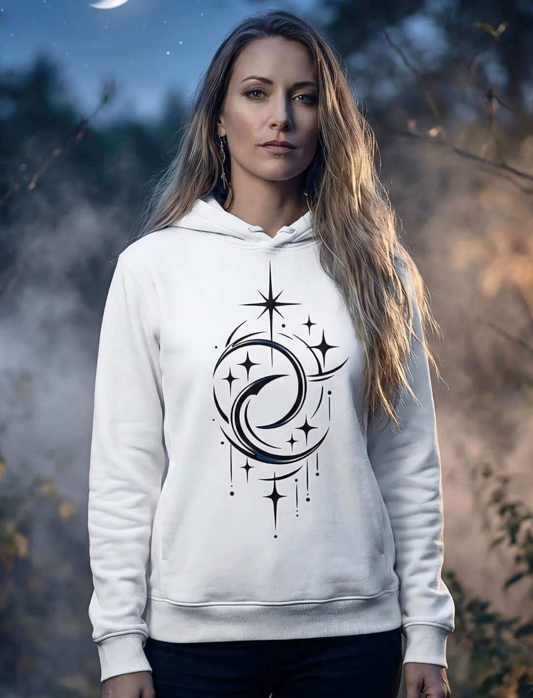 Frau trägt weißen Unisex Hoodie mit Doppelmond und Sternenmotiv draußen