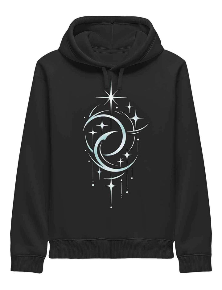 Schwarzer Unisex Hoodie mit Doppelmond Balance Design und Sternenmotiv