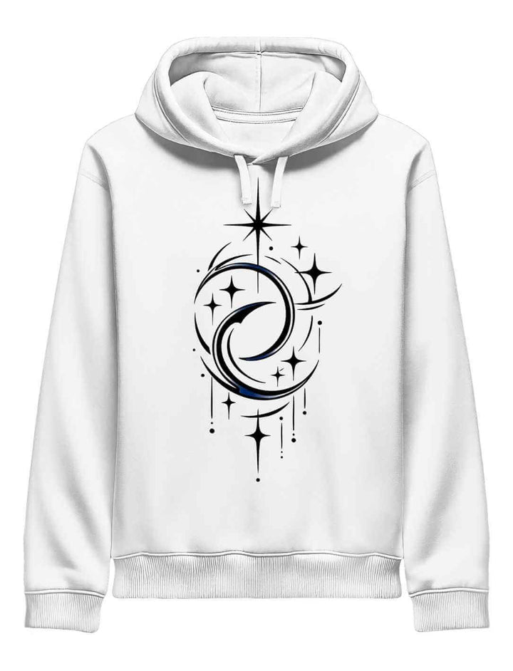 Weißer Unisex Hoodie mit Doppelmond Balance Design und Sternen