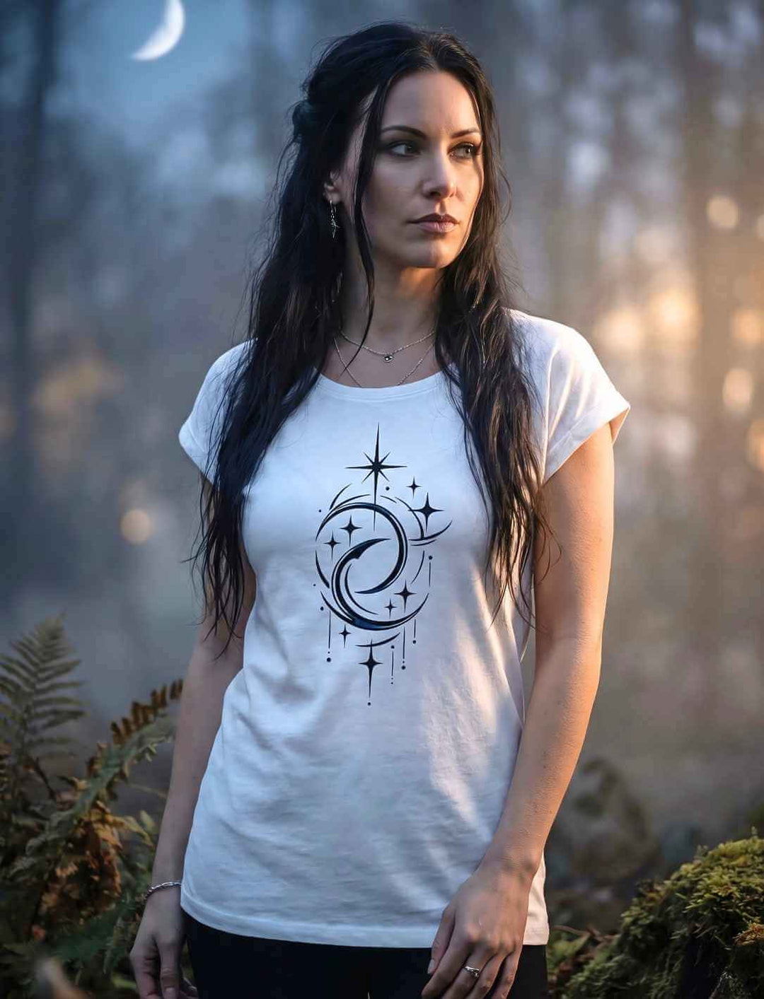 Navy Damen Longfit Shirt mit Doppelmond Balance Design und Sternen