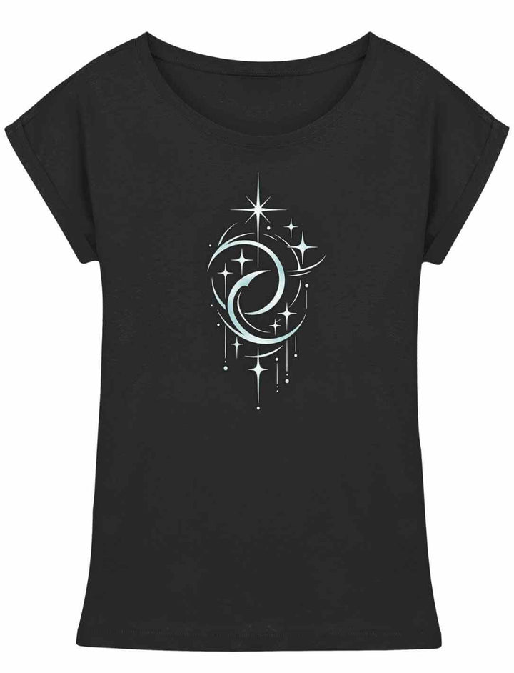 Schwarzes Damen Longfit Shirt mit Doppelmond Balance Design und Sternen