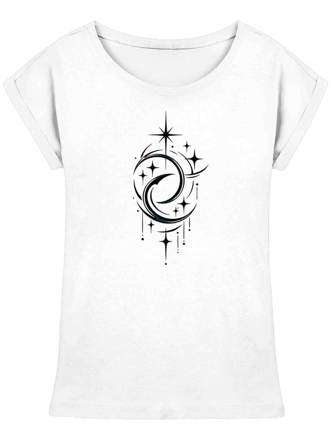 Weißes Damen Longfit Shirt mit Doppelmond Balance Design und Sternen
