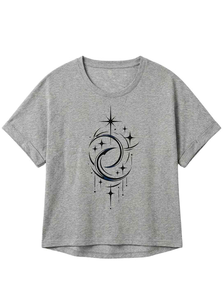 Grau meliertes Damen Relaxed Shirt mit Doppelmond Balance Design und Sternen