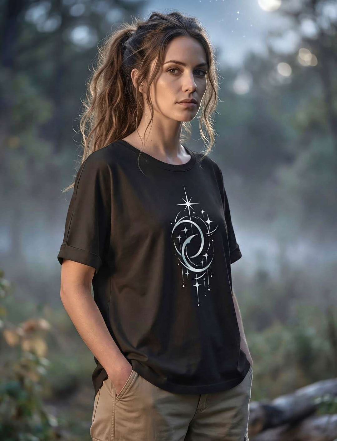 Frau trägt schwarzes Damen Relaxed Shirt mit Doppelmond und Sternenmotiv im Wald