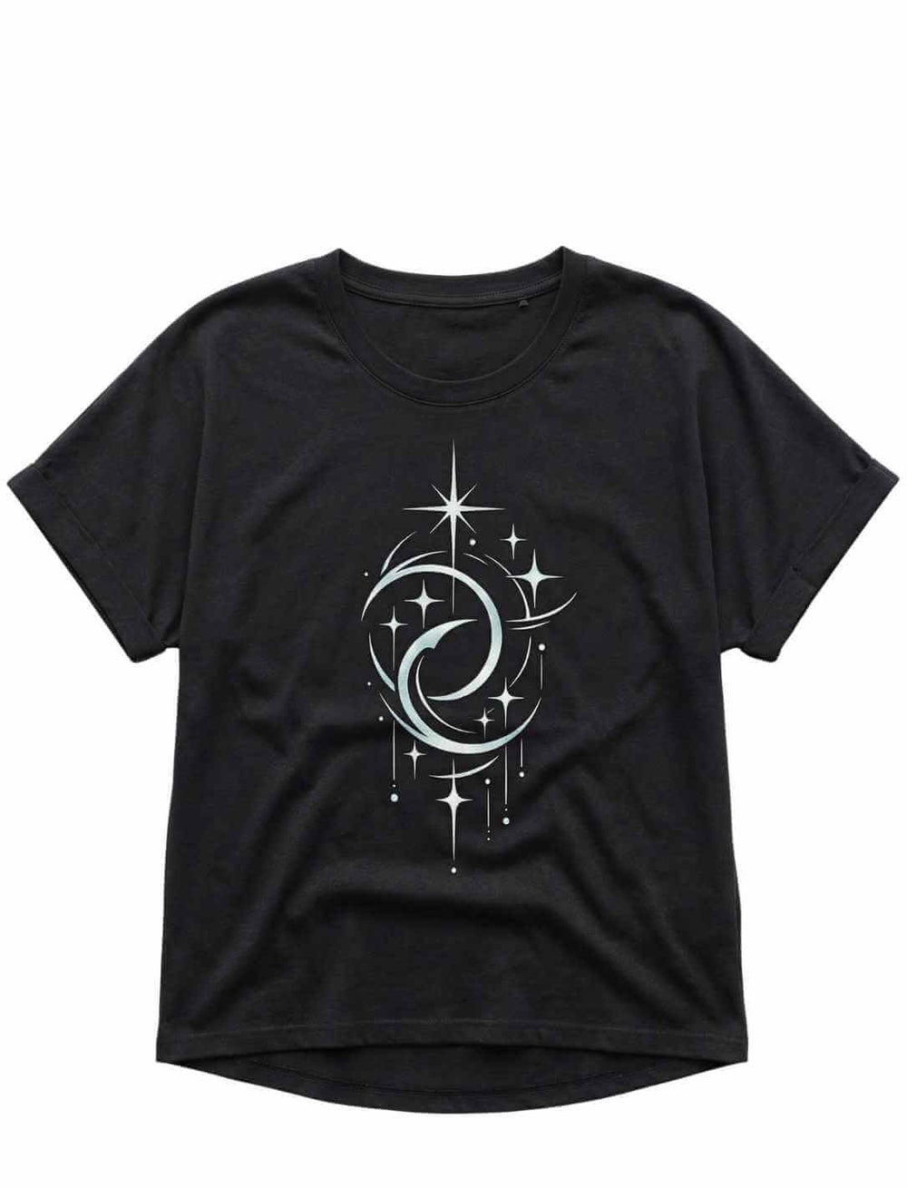 Schwarzes Damen Relaxed Shirt mit Doppelmond Balance Design und Sternen