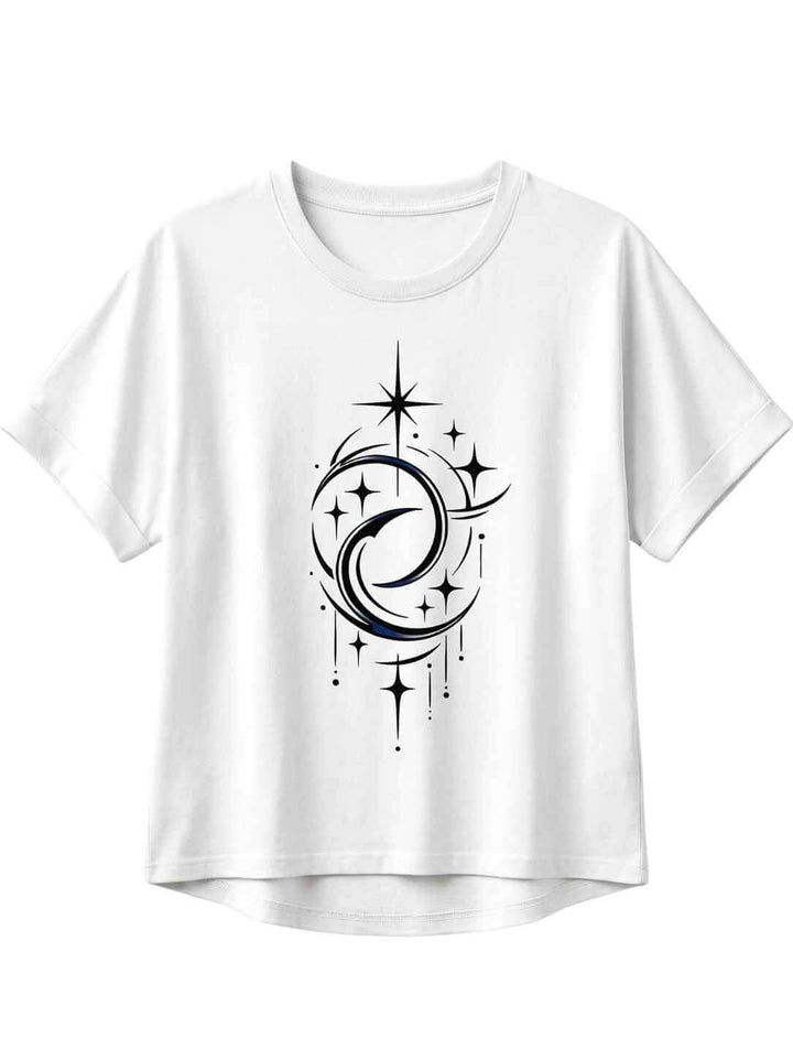 Weißes Damen Relaxed Shirt mit Doppelmond Balance Design und Sternen