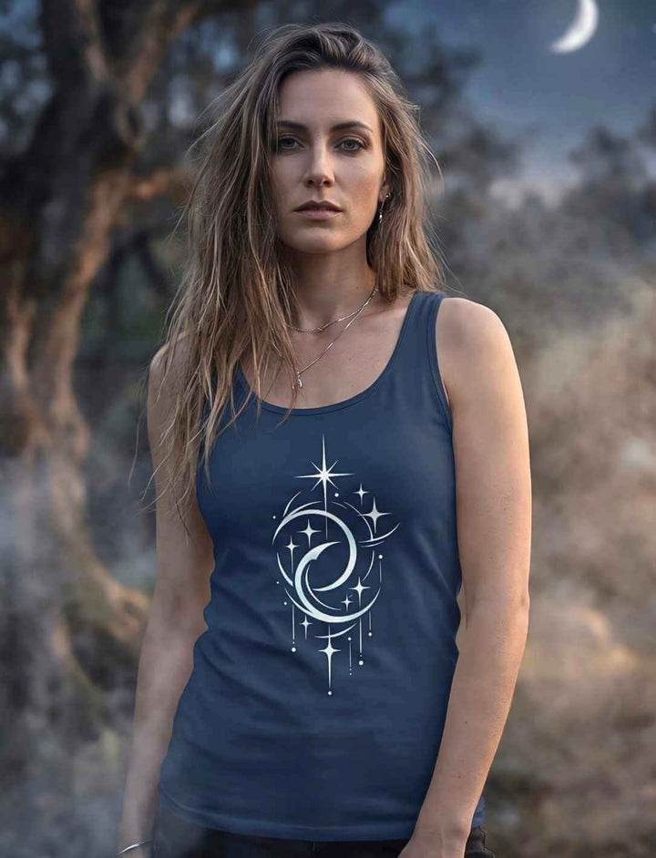 Damen Tank Top navy Doppelmond Balance Design mit Sternenmotiv
