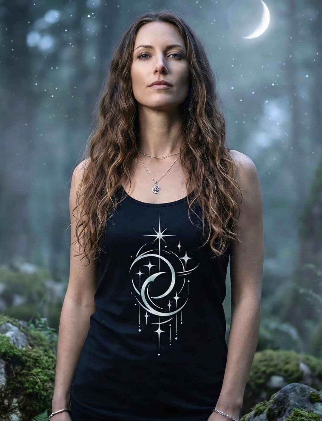 Damen Tank Top schwarz Doppelmond Balance Design mit Sternen