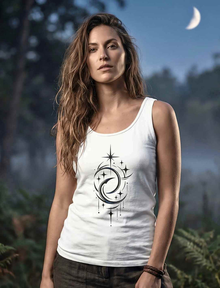 Weißes Damen Tank Top mit Mond und Sternenmotiv körpernah geschnitten