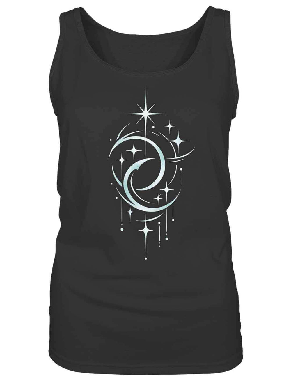 Schwarzes Damen Tank Top mit Mondmotiv und Sternen leicht körperbetont