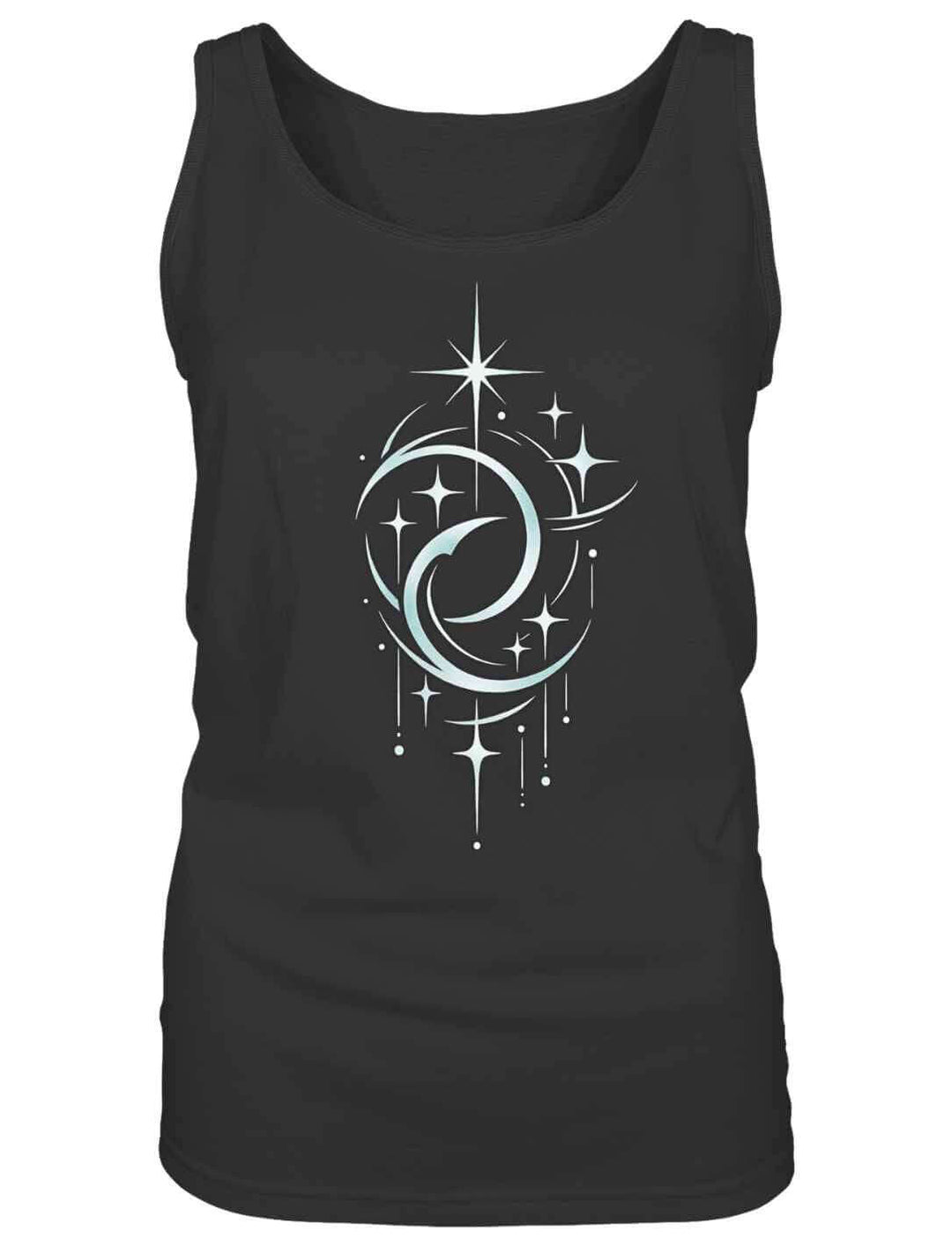 Schwarzes Damen Tank Top mit Mondmotiv und Sternen leicht körperbetont