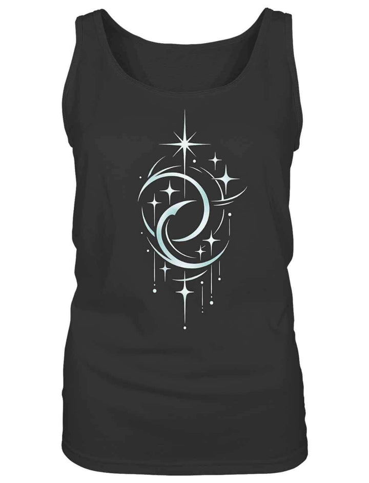 Schwarzes Damen Tank Top mit Mondmotiv und Sternen leicht körperbetont