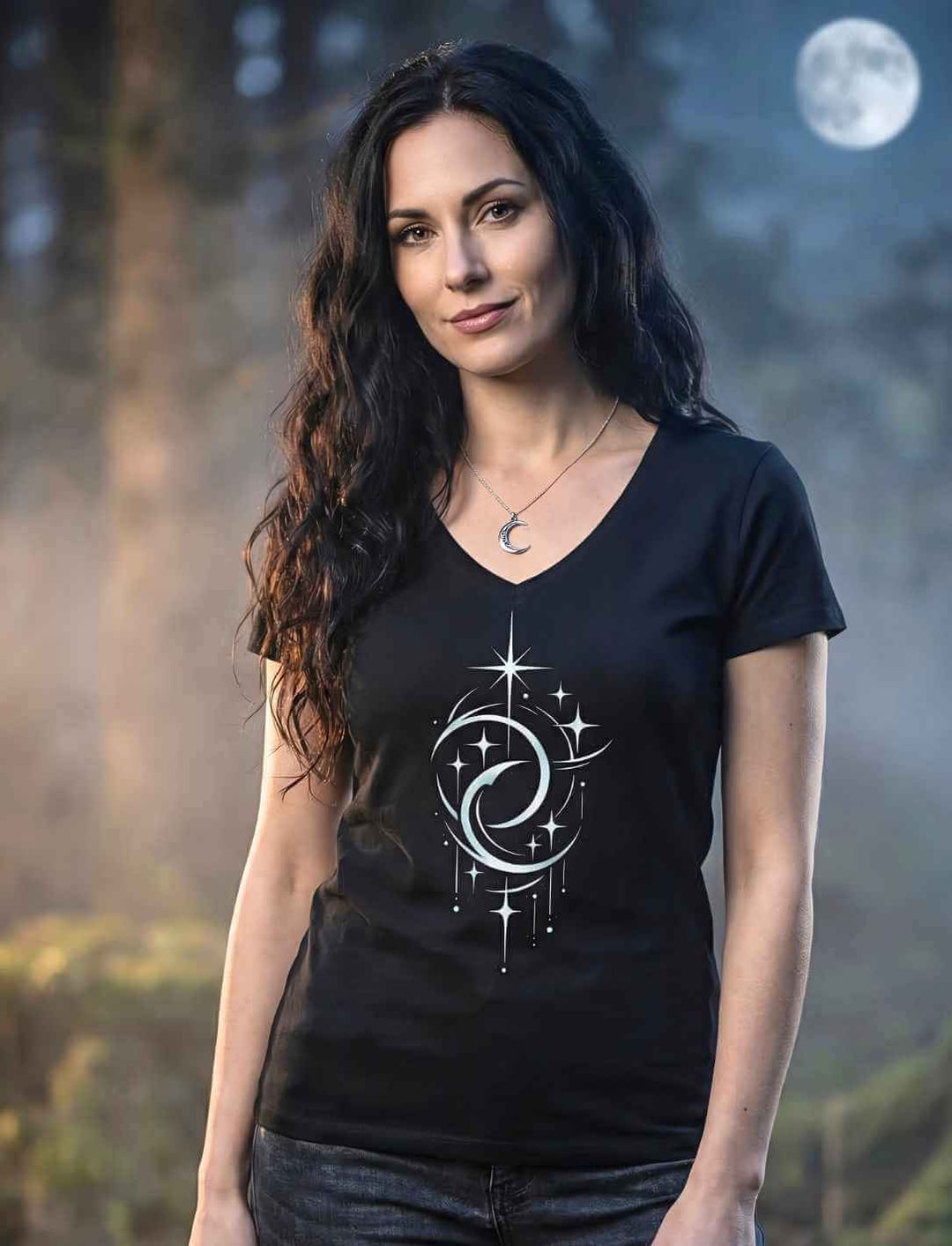 Frau trägt das Damen V-Neck Shirt in schwarz mit Doppelmond Balance Design mit Sternen