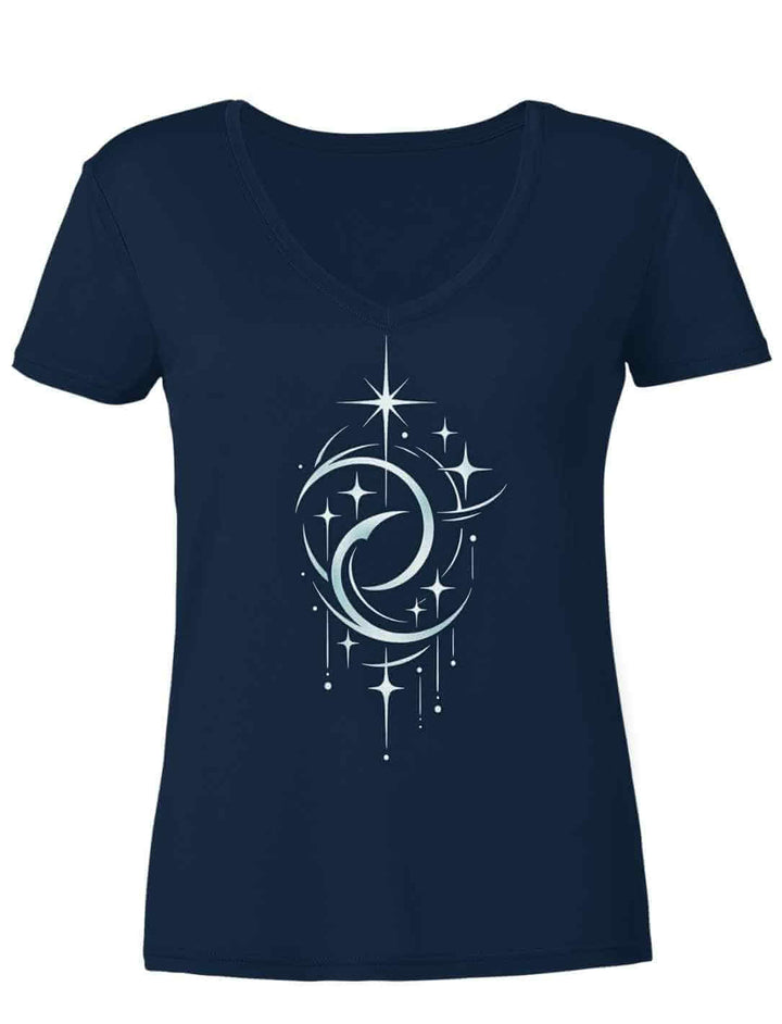 Navy Damen Shirt mit Mond und Sternen Symbol V-Ausschnitt
