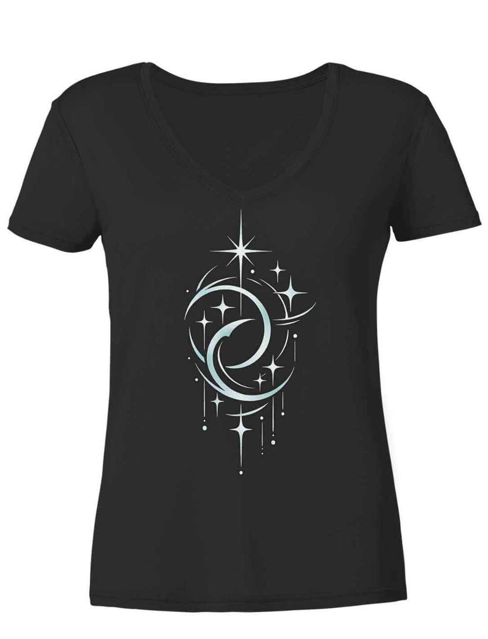 Schwarzes Damen Shirt V-Ausschnitt mit spirituellem Mondmotiv und Sternen