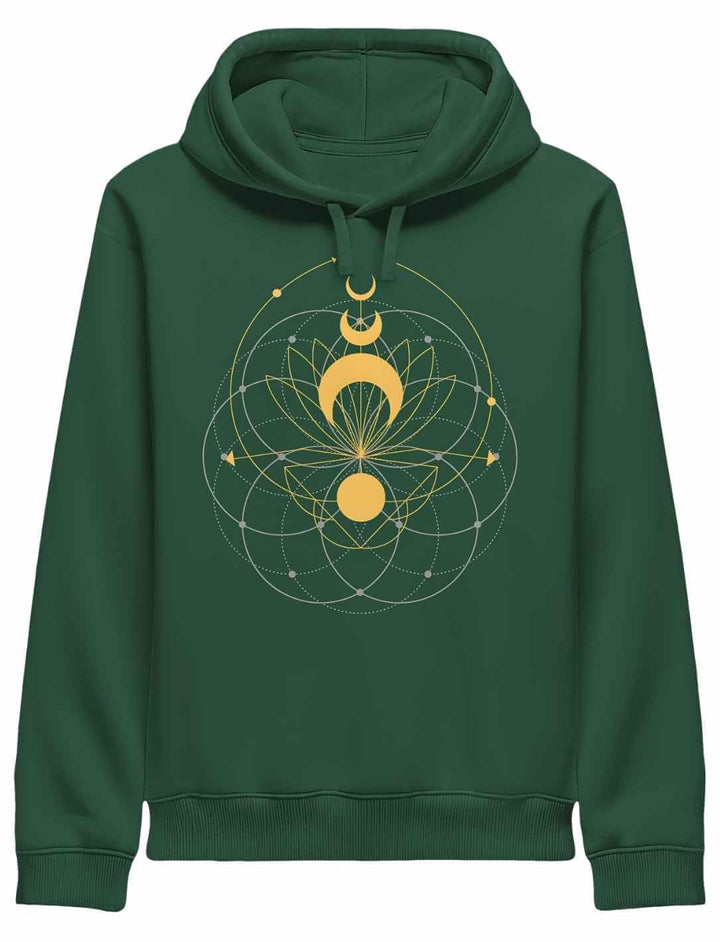 Dunkelgrüner Damen Hoodie mit goldenen Mondphasen und harmonischem Geometriemotiv