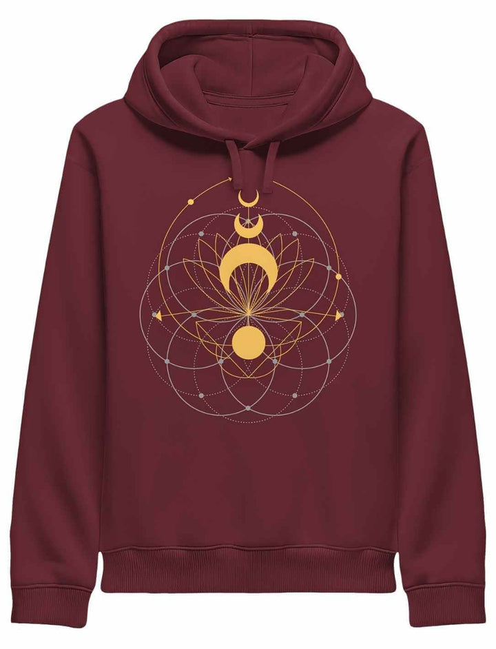 Burgunderfarbener Damen Hoodie mit goldenen Mondphasen und feinem Geometriemuster