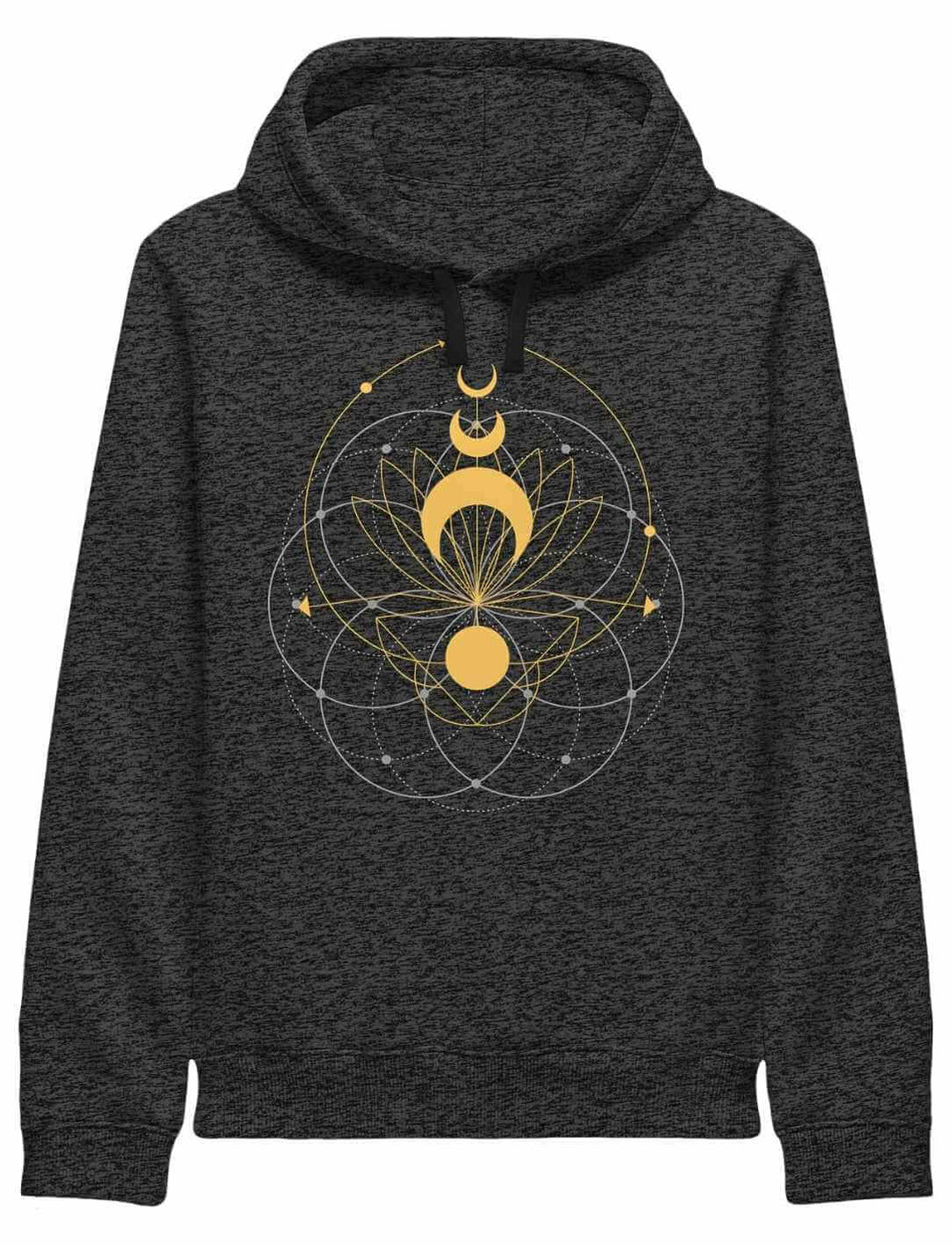 Dunkelgrau melierter Damen Hoodie mit Mondphasen und geometrischem Design in Gold