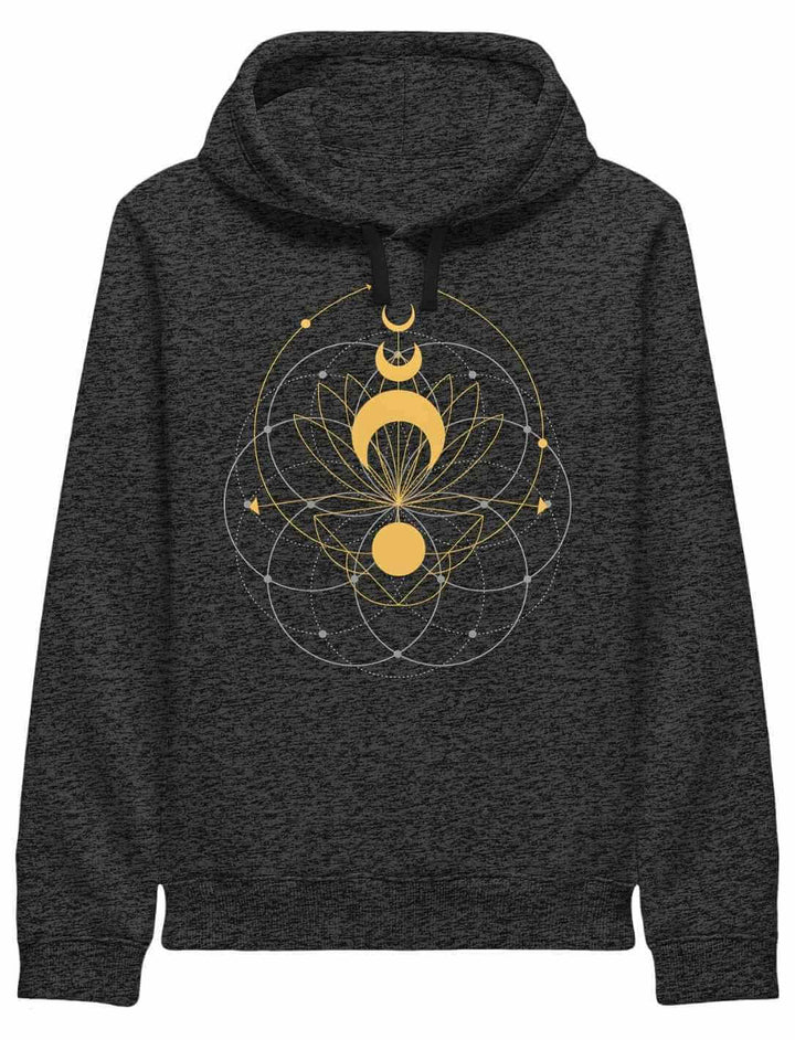 Dunkelgrau melierter Damen Hoodie mit Mondphasen und geometrischem Design in Gold