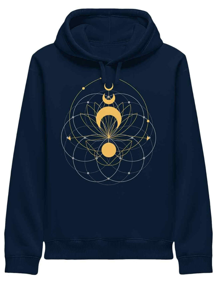 Damen Hoodie mit goldenen Mondphasen und geometrischen Linien in french navy.