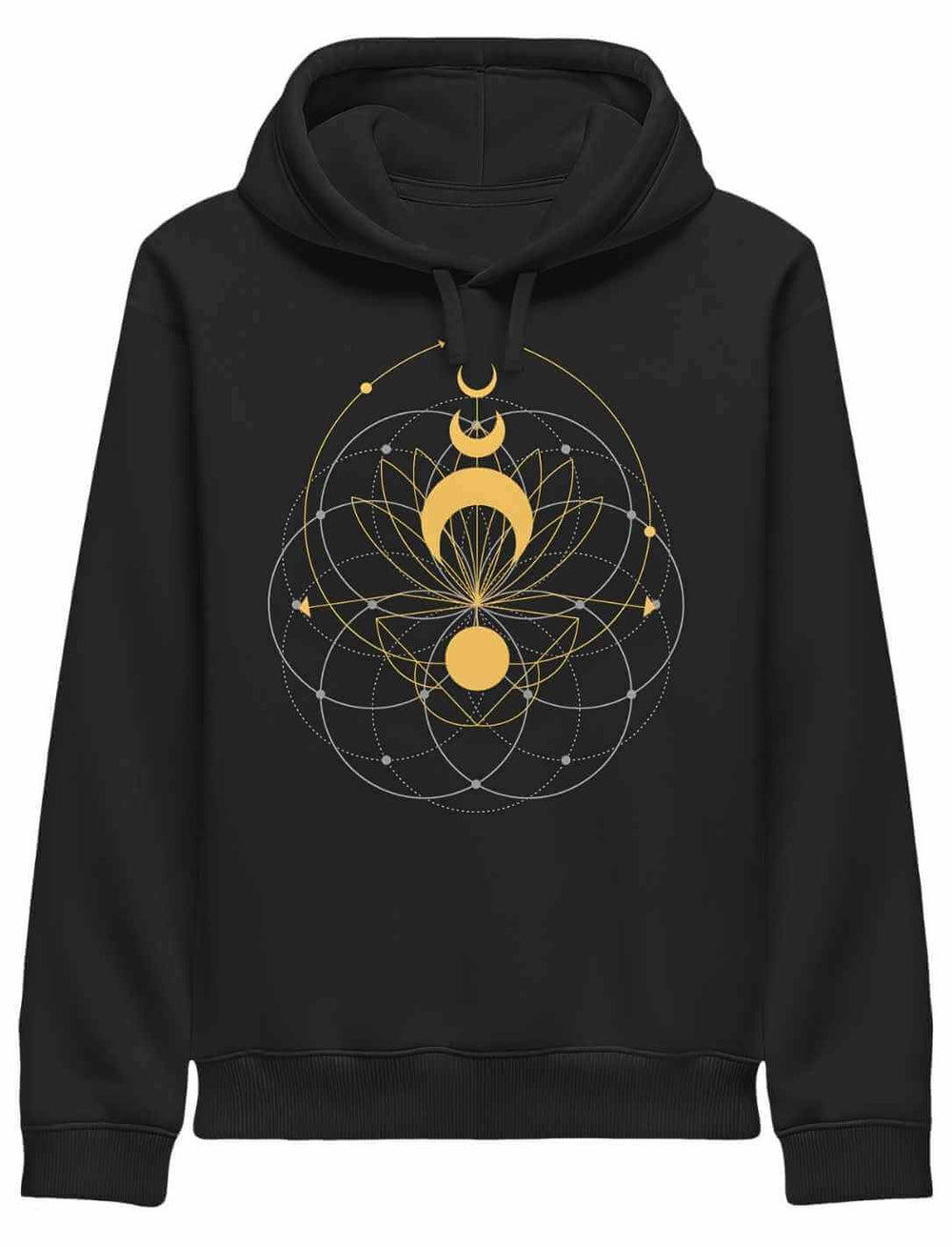 Schwarzer Damen Hoodie mit goldenen Mondphasen und geometrischem Linienmotiv