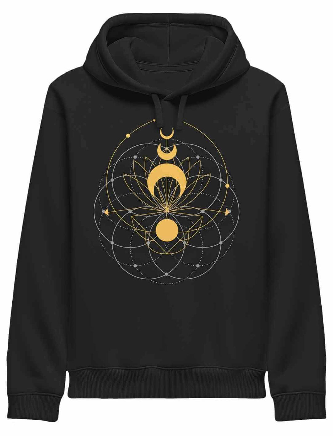Schwarzer Damen Hoodie mit goldenen Mondphasen und geometrischem Linienmotiv