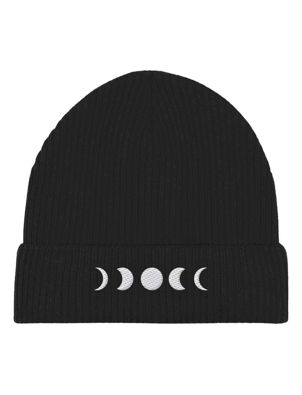 Lunar Tide Beanie in Schwarz auf weißem Hintergrund – Mondphasen-Design