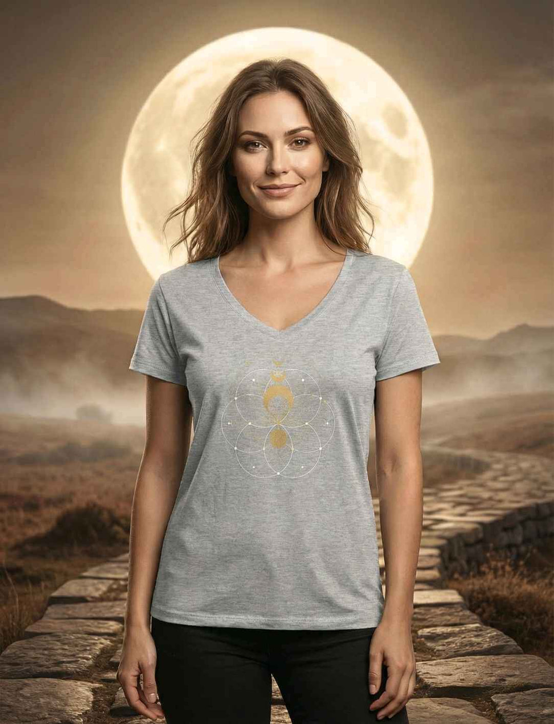 Damen V-Neck Shirt Mondblüte der Harmonie in light grey getragen von einer jungen Frau. Im Hintergrund der Mond.