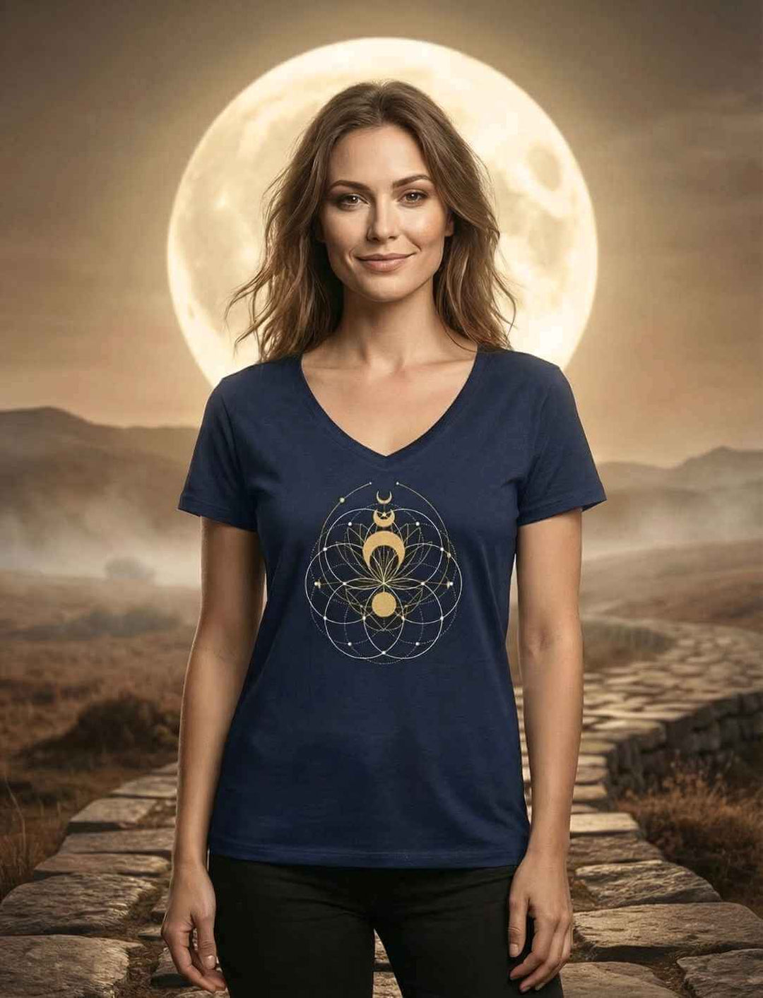 Damen V-Neck Shirt Mondblüte der Harmonie in navy, getragen von einer jungen Frau mit Mond im Hintergrund.