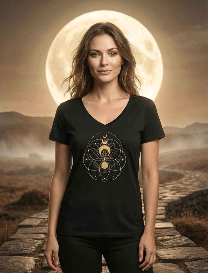 Frau trägt Damen V-Neck Shirt Mondblüte der Harmonie in schwarz mit Mondphasen Motiv