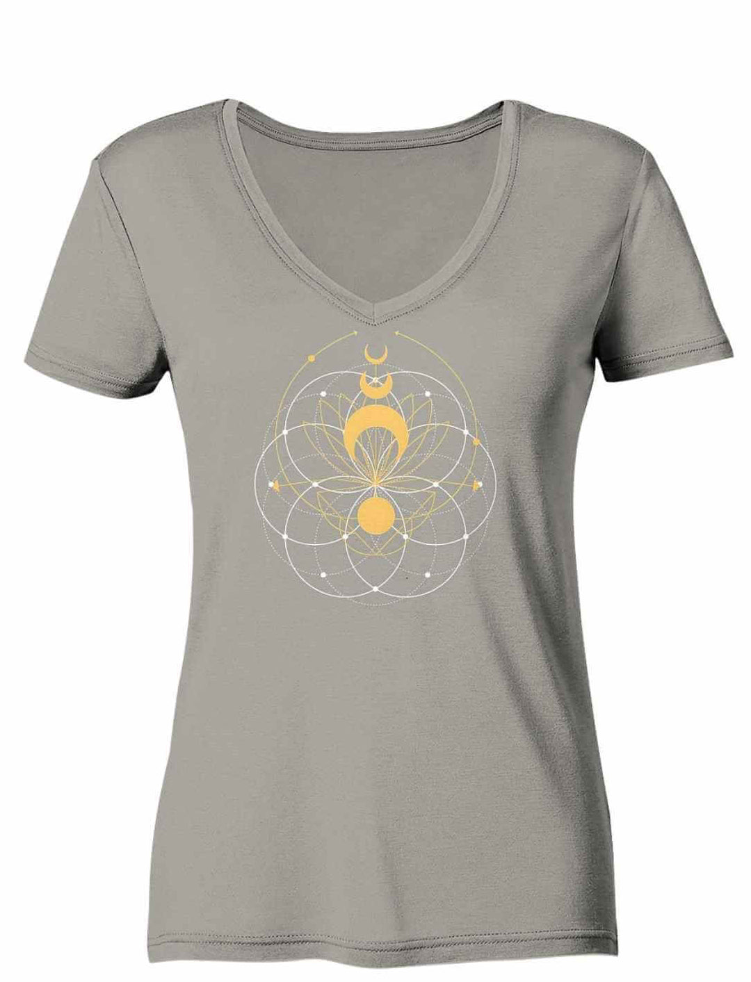 Lichtgraues Damen V-Neck Shirt Mondblüte der Harmonie mit Mondsymbol