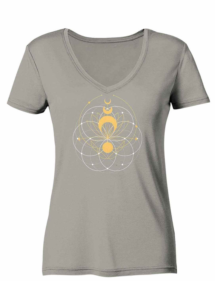 Lichtgraues Damen V-Neck Shirt Mondblüte der Harmonie mit Mondsymbol