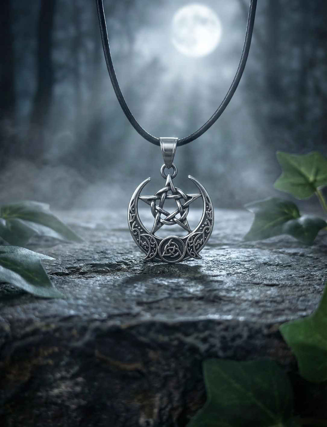 Keltischer Pentakel Anhänger im Halbmond aus Edelstahl auf Stein im Mondlicht mit Lederkette.