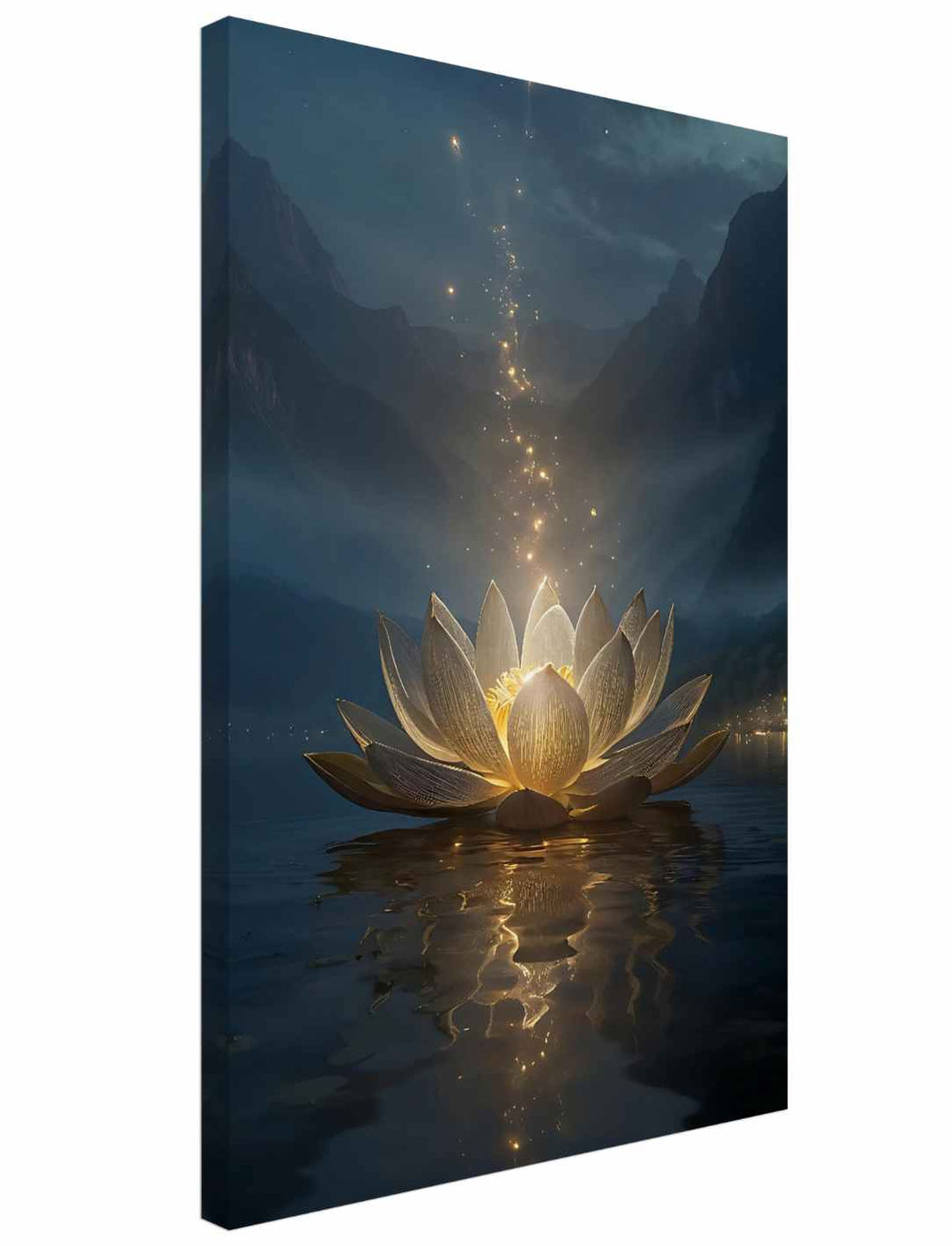Mystischer Lotustraum – Leinwanddruck 40×60 cm, goldener Lotus im Wasser mit Lichtfunken