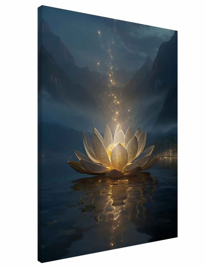 Mystischer Lotustraum – Leinwanddruck 60×80 cm, leuchtender Lotus als Wandkunst